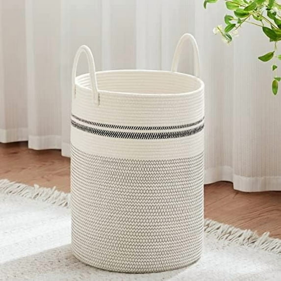 Large Laundry Hamper, Tall Woven Rope Storage Basket for Blanket, Toys, Dirty Clothes in Living Room, Bathroom, Bedroom - 58L Stripe White