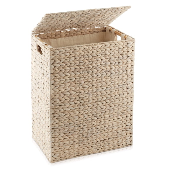 Large Laundry Hamper with Lid and Removable Liner Bag - Natural, Woven Water Hyacinth Rectangular Laundry Basket Sorter for Clothes and Towels