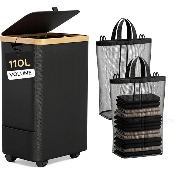 JYPS 110L Laundry Basket with Lid, 2 Compartments Laundry Hamper with Wheels and Handle, Removable Washing Baskets& 2 Side Bags, Oxford Fabric Laundry Bin for Dirty Clothes Storage, Bedroom,Laundry