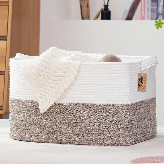 Large Laundry for Organizing|Rectangle Cotton Rope Storage with Handles|Blanket for Living Room|Woven Laundry for Towels, Toys, Clothes-22x15x12”-White/Brown
