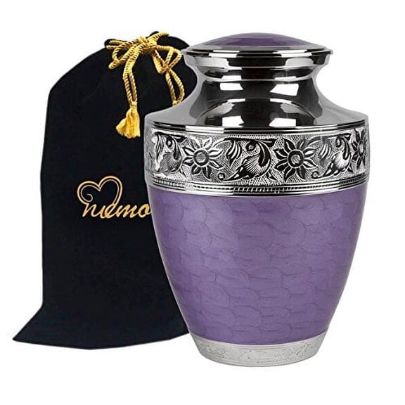 Large Lavender Bloom Cremation Urn for Human Ashes- Lavender Urn - Adult Funeral Urn Handcrafted with Engraved Silver Bands - Brass Urn - Large Urn Deal with Free Bag