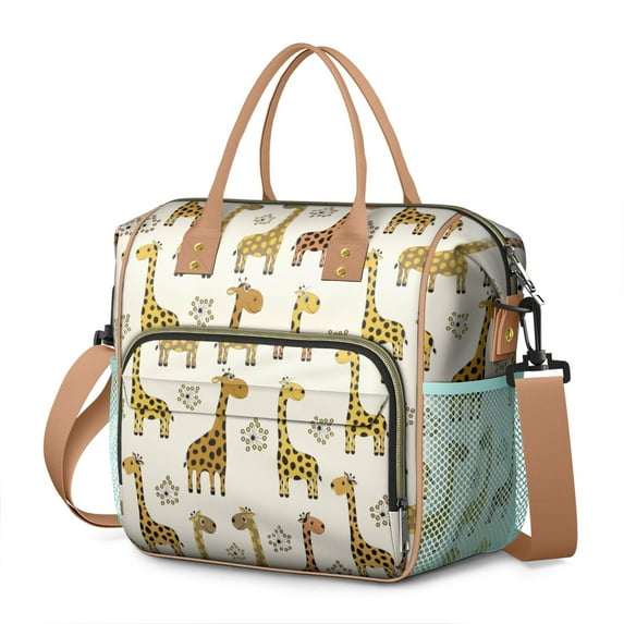 Large Leakproof Insulated Lunch Bag with Cute Giraffe and Woodland Nature Prints, Rustic Brown Cartoon Pattern Cooler Tote for Outdoor or Office