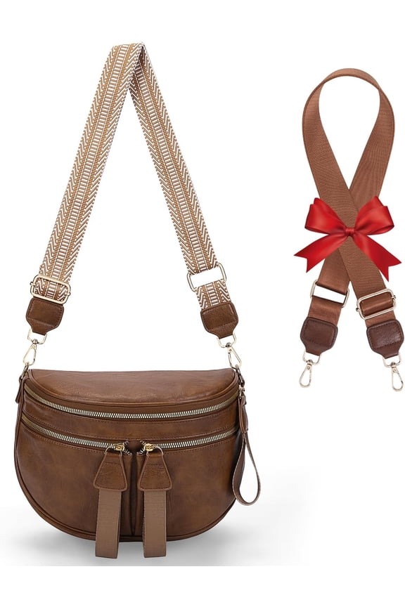 Large Leather Bum Bag for Women Crossbody Fanny Packs Large Sling Bag Purse with 2 count Adjustable Strap Brown Leather Belt Wallet