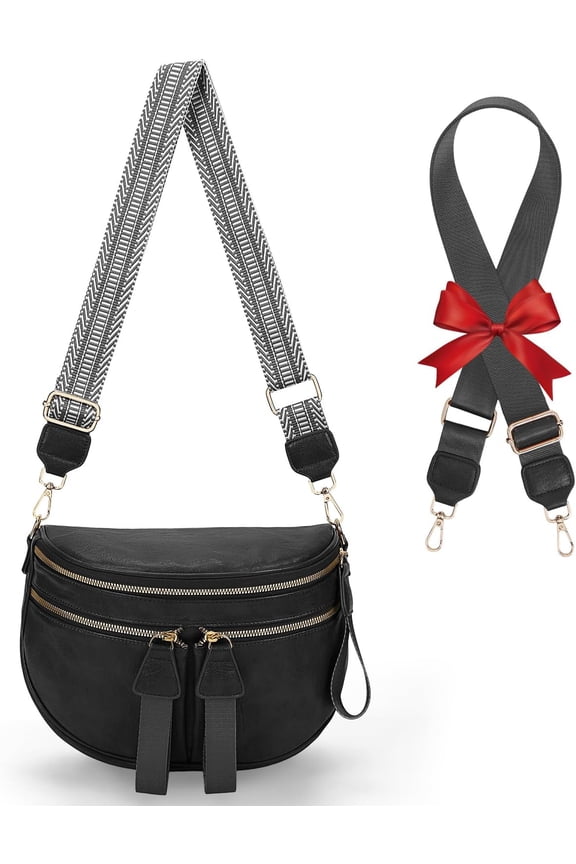 Large Leather Bum Bag for Women Crossbody Fanny Packs Large Sling Bag Purse with 2 count Adjustable Strap Leather Belt Wallet(Black)