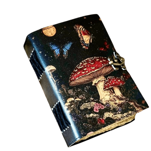 Large Leather Grimoire Journal – Mushroom Print Book of Shadows, 200 Pages Witchcraft Spellbook
