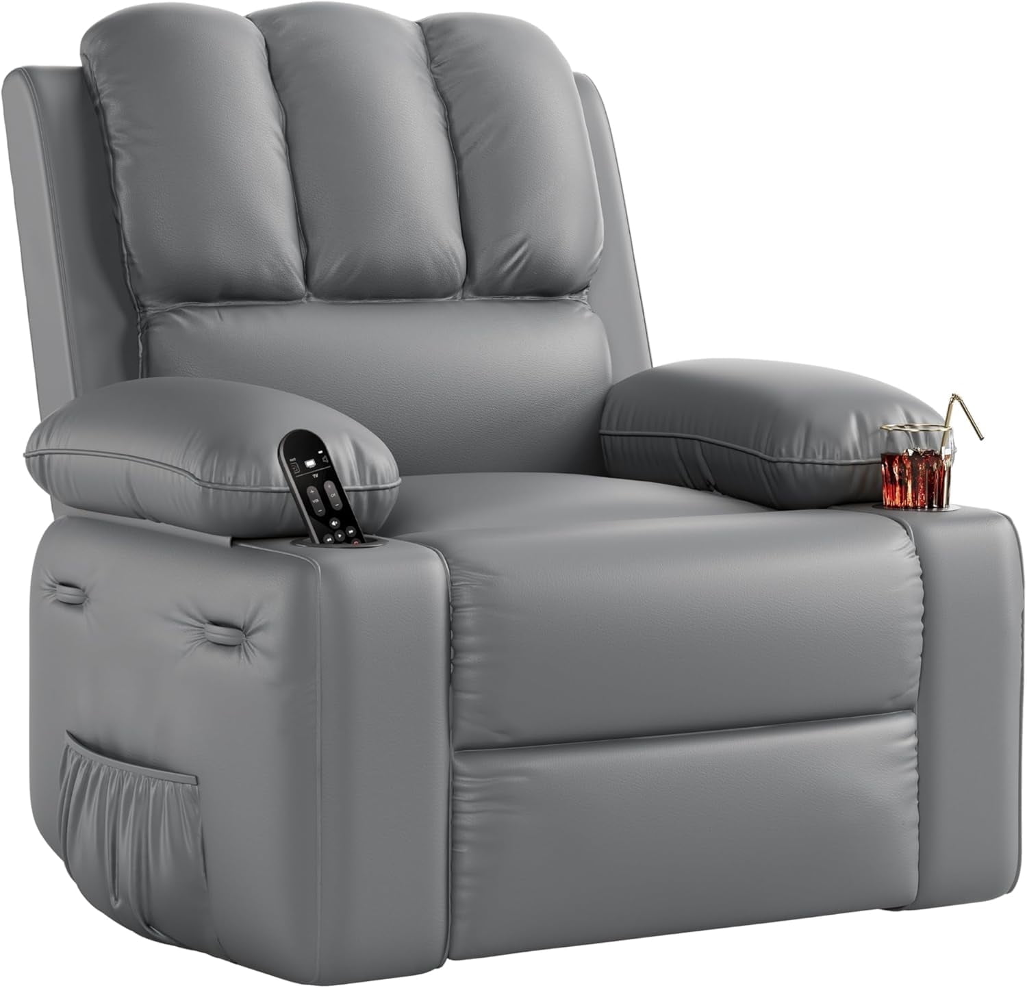 Large Leather Manual Recliner Chair with Comfortable Arms and Built-in Cup Holders, Spacious 21.2 Inch Seat Width, Perfect for Living Room Relaxation and Entertainment