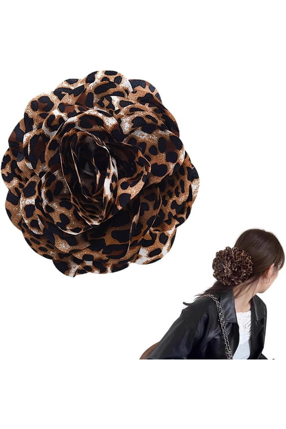 Large Leopard Flower Brooch Pin for Women Rose Brooch Fabric Floral Brooch for Women Coat Dress Suit Brooch Pin Leopard Print Party Clothes Accessories for Women Leopard Print Flower Hair Clip Large