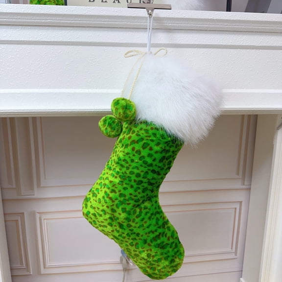 Large Leopard Print Plush Faux Fur Christmas Stockings with Cute Balls,Deluxe Green Leopard Christmas Stockings Hanging Ornaments Candy Gift Bags for Xmas Fireplace Holiday Decorations