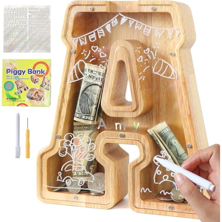 Large Letter Piggy Bank for Kids Boys Girls Wooden Personalized Piggy Banks A-Z with Target Area Clear Alphabet Banknote Coin Banks for Gift Decoration Baptism (A)