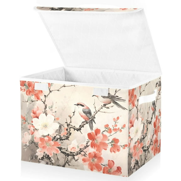 Large Lidded Bin Foldable Storage Baskets Birds and Flowers Branch Boxes Cubes Lids with 2 Handles for Home Bedroom Office 16.5"x12.6"x11.8"