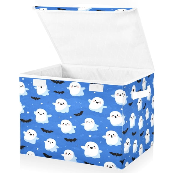 Large Lidded Bin Foldable Storage Baskets Boxes Cubes Lids with 2 Handles for Home Bedroom Office Blue Background with Ghost Pattern 16.5"x12.6"x11.8"