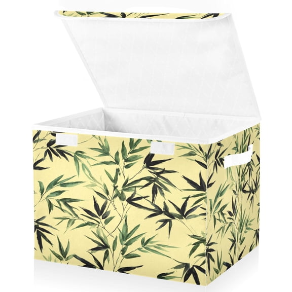 Large Lidded Bin Foldable Storage Baskets Boxes Cubes Lids with 2 Handles for Home Bedroom Office Bamboo and Green Leaves 16.5"x12.6"x11.8"
