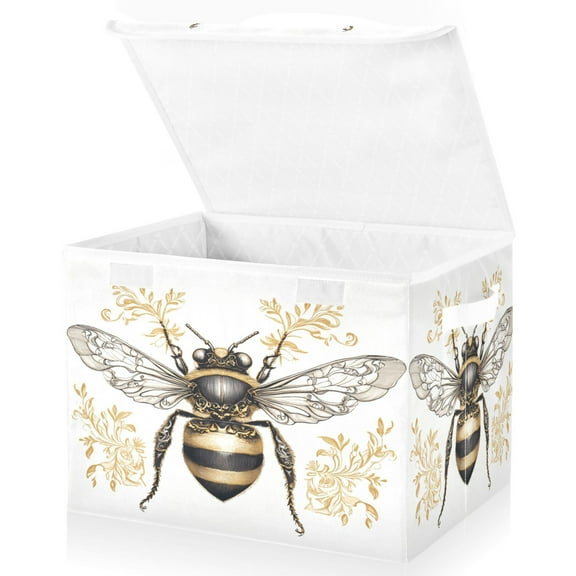 Large Lidded Bin Foldable Storage Baskets Boxes Cubes Lids with 2 Handles for Home Bedroom Office Bee with Ornate Patterns 16.5"x12.6"x11.8"