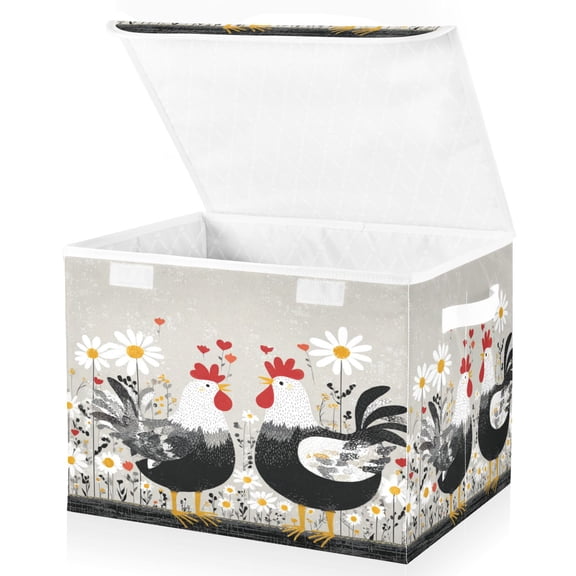 Large Lidded Bin Foldable Storage Baskets Boxes Cubes Lids with 2 Handles for Home Bedroom Office Black and White Chick 16.5"x12.6"x11.8"