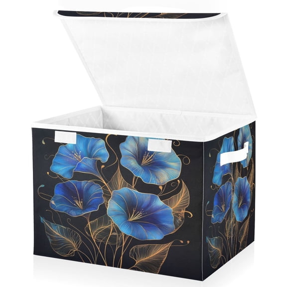 Large Lidded Bin Foldable Storage Baskets Boxes Cubes Lids with 2 Handles for Home Bedroom Office Blue Morning Glory Flowers 16.5"x12.6"x11.8"