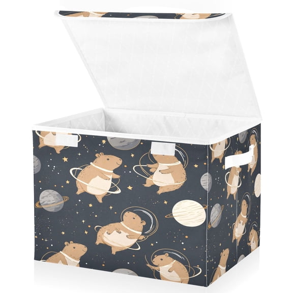 Large Lidded Bin Foldable Storage Baskets Boxes Cubes Lids with 2 Handles for Home Bedroom Office Capybara Astronauts 16.5"x12.6"x11.8"