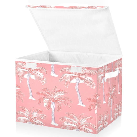 Large Lidded Bin Foldable Storage Baskets Boxes Cubes Lids with 2 Handles for Home Bedroom Office Coral Pink Palm Tree 16.5"x12.6"x11.8"