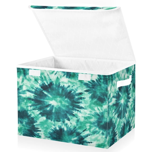 Large Lidded Bin Foldable Storage Baskets Boxes Cubes Lids with 2 Handles for Home Bedroom Office Dark Teal Tie-dye Pattern 16.5"x12.6"x11.8"
