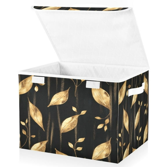 Large Lidded Bin Foldable Storage Baskets Boxes Cubes Lids with 2 Handles for Home Bedroom Office Delicate Gold Leaf Pattern 16.5"x12.6"x11.8"