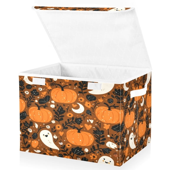 Large Lidded Bin Foldable Storage Baskets Boxes Cubes Lids with 2 Handles for Home Bedroom Office Fun and Spooky Halloween Pattern 16.5"x12.6"x11.8"