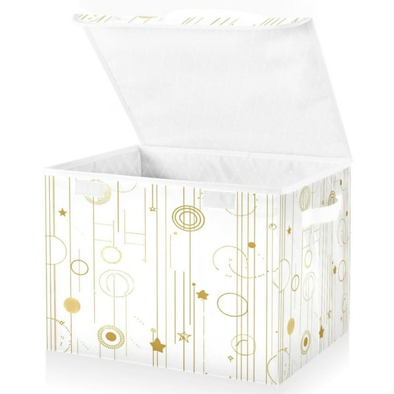 Large Lidded Bin Foldable Storage Baskets Boxes Cubes Lids with 2 Handles for Home Bedroom Office Gold and White Geometric Pattern 16.5"x12.6"x11.8"