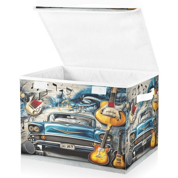 Large Lidded Bin Foldable Storage Baskets Boxes Cubes Lids with 2 Handles for Home Bedroom Office Guitar and A Classic Car 16.5"x12.6"x11.8"