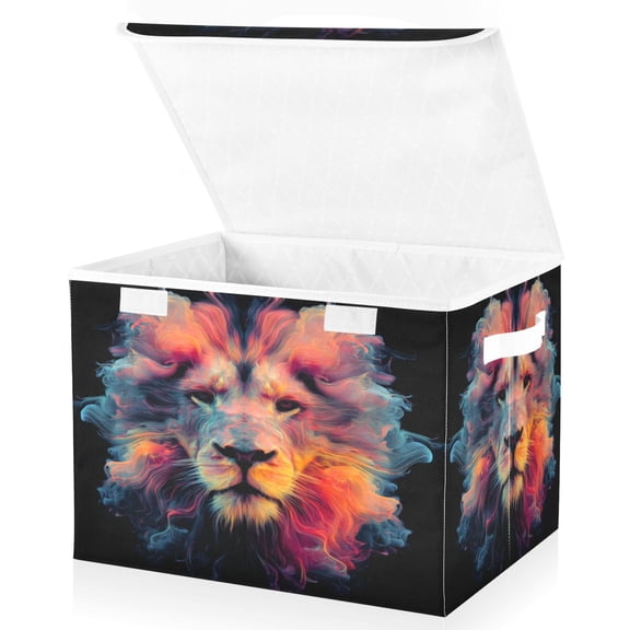 Large Lidded Bin Foldable Storage Baskets Boxes Cubes Lids with 2 Handles for Home Bedroom Office Lion's Head 16.5"x12.6"x11.8"
