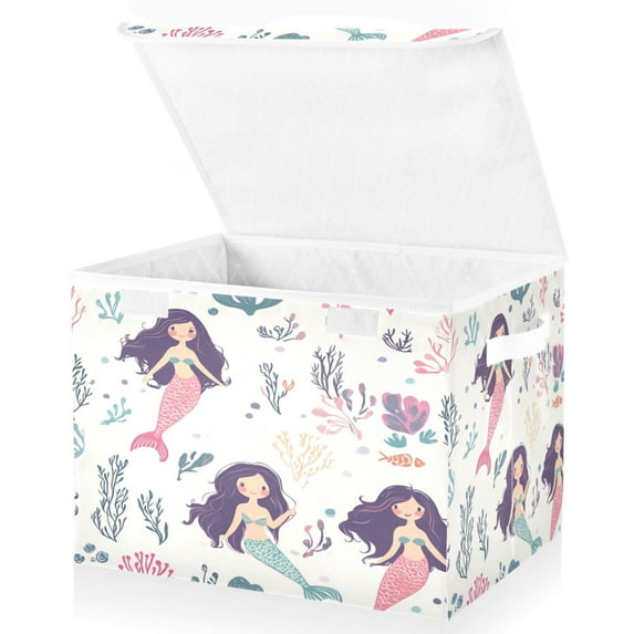 Large Lidded Bin Foldable Storage Baskets Boxes Cubes Lids with 2 Handles for Home Bedroom Office Mermaids Pattern 16.5"x12.6"x11.8"