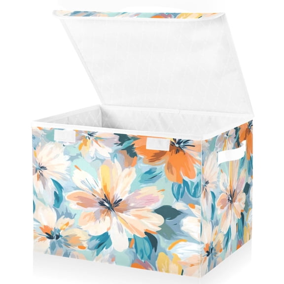 Large Lidded Bin Foldable Storage Baskets Boxes Cubes Lids with 2 Handles for Home Bedroom Office Oversized Flowers Pattern 16.5"x12.6"x11.8"