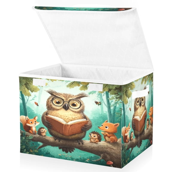 Large Lidded Bin Foldable Storage Baskets Boxes Cubes Lids with 2 Handles for Home Bedroom Office Owl Wearing Glasses 16.5"x12.6"x11.8"