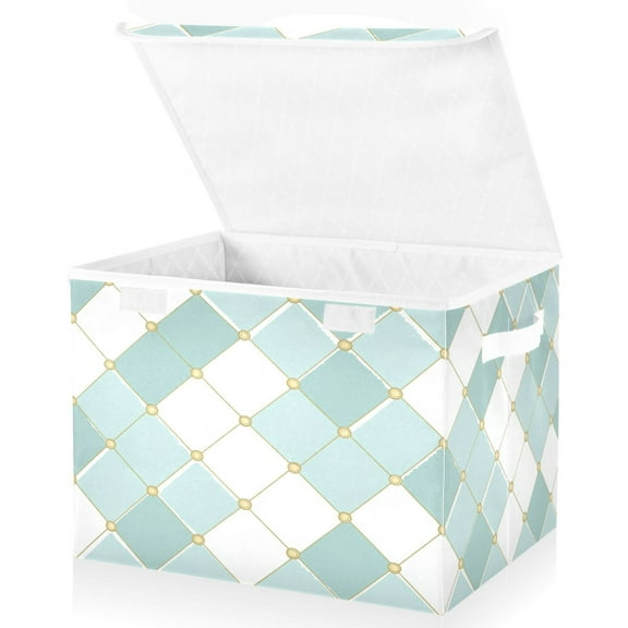 Large Lidded Bin Foldable Storage Baskets Boxes Cubes Lids with 2 Handles for Home Bedroom Office Pastel Teal Diamond Plaid 16.5"x12.6"x11.8"