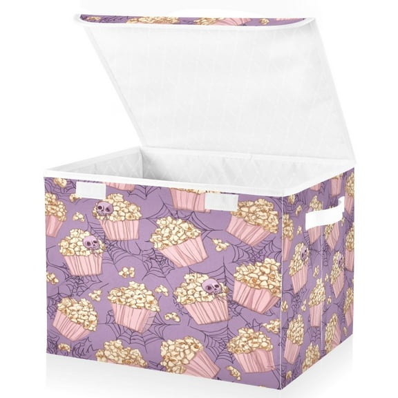 Large Lidded Bin Foldable Storage Baskets Boxes Cubes Lids with 2 Handles for Home Bedroom Office Pastel Violet Popcorn 16.5"x12.6"x11.8"