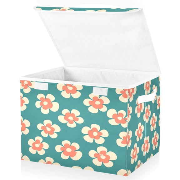 Large Lidded Bin Foldable Storage Baskets Boxes Cubes Lids with 2 Handles for Home Bedroom Office Peach Color Flowers 16.5"x12.6"x11.8"