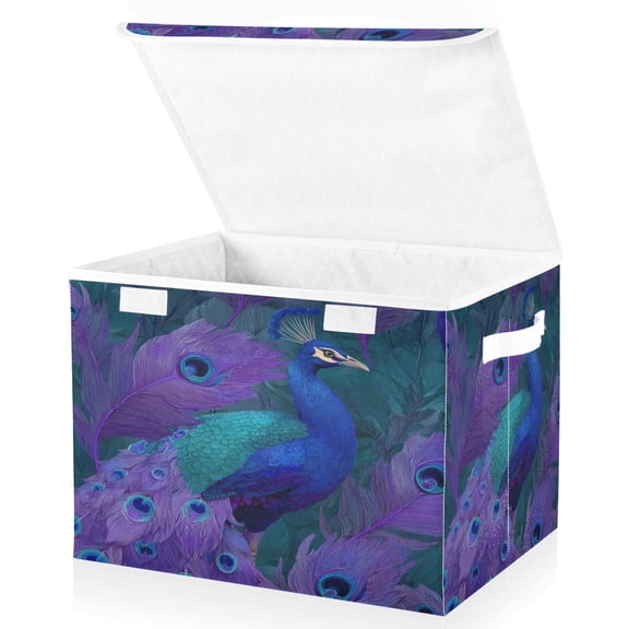 Large Lidded Bin Foldable Storage Baskets Boxes Cubes Lids with 2 Handles for Home Bedroom Office Peacock Pattern 16.5"x12.6"x11.8"