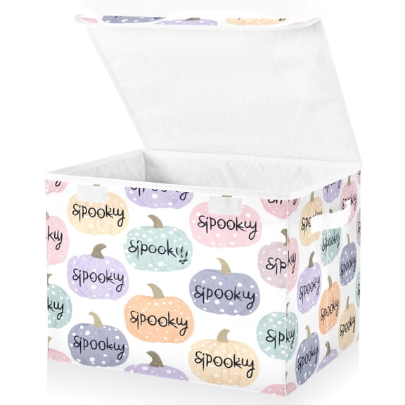 Large Lidded Bin Foldable Storage Baskets Boxes Cubes Lids with 2 Handles for Home Bedroom Office Pumpkins with Spooky Text 16.5"x12.6"x11.8"