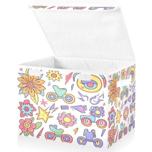 Large Lidded Bin Foldable Storage Baskets Boxes Cubes Lids with 2 Handles for Home Bedroom Office Roller Skates and Flowers 16.5"x12.6"x11.8"