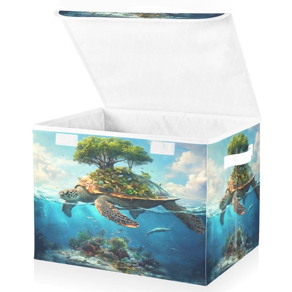 Large Lidded Bin Foldable Storage Baskets Boxes Cubes Lids with 2 Handles for Home Bedroom Office Sea Turtle Carrying Island 16.5"x12.6"x11.8"
