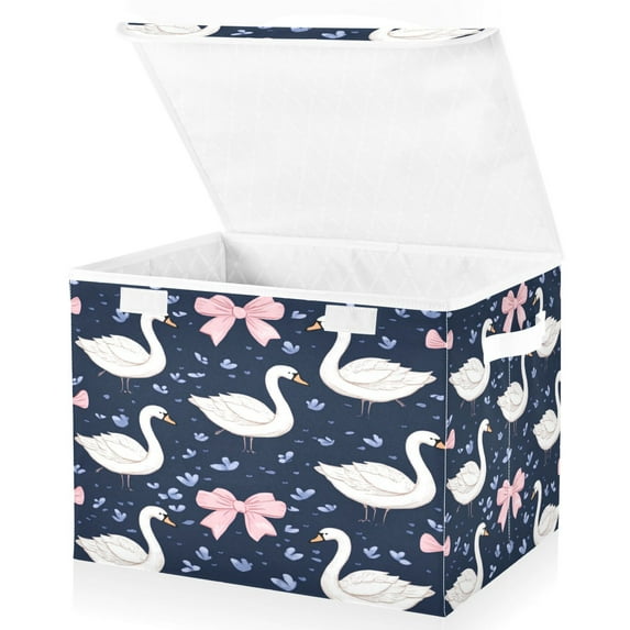 Large Lidded Bin Foldable Storage Baskets Boxes Cubes Lids with 2 Handles for Home Bedroom Office Swans and Pink Bows 16.5"x12.6"x11.8"