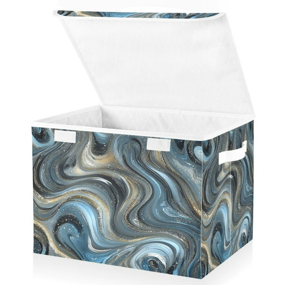 Large Lidded Bin Foldable Storage Baskets Boxes Cubes Lids with 2 Handles for Home Bedroom Office Swirling Metal and Marble Pattern 16.5"x12.6"x11.8"