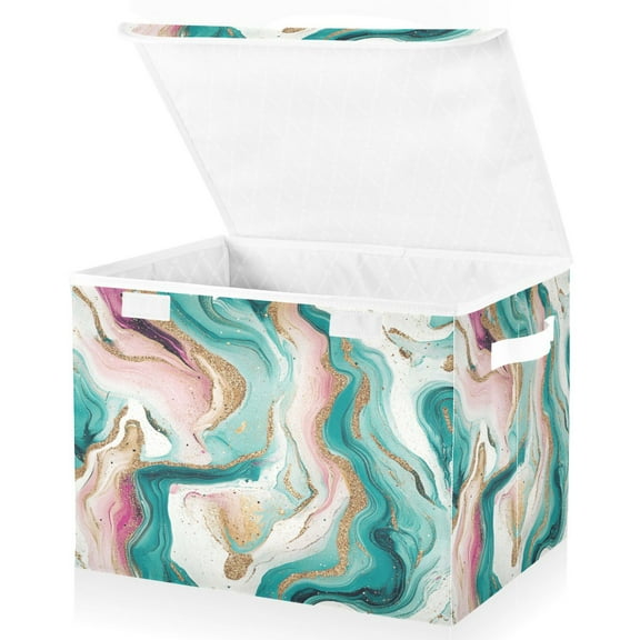 Large Lidded Bin Foldable Storage Baskets Boxes Cubes Lids with 2 Handles for Home Bedroom Office Teal Swirling Marble Pattern 16.5"x12.6"x11.8"