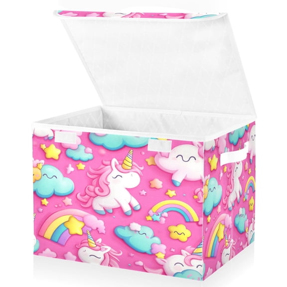 Large Lidded Bin Foldable Storage Baskets Boxes Cubes Lids with 2 Handles for Home Bedroom Office Unicorns and Clouds 16.5"x12.6"x11.8"
