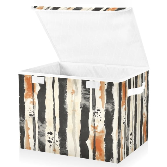 Large Lidded Bin Foldable Storage Baskets Boxes Cubes Lids with 2 Handles for Home Bedroom Office Vertical Stripes 16.5"x12.6"x11.8"