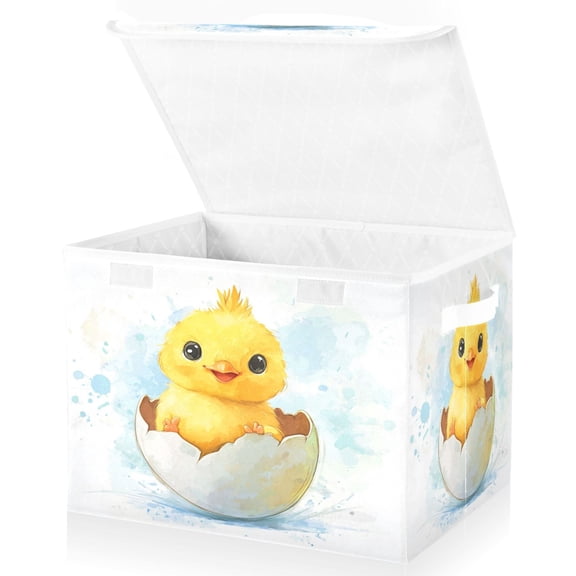 Large Lidded Bin Foldable Storage Baskets Boxes Cubes Lids with 2 Handles for Home Bedroom Office Yellow Cute Chick 16.5"x12.6"x11.8"