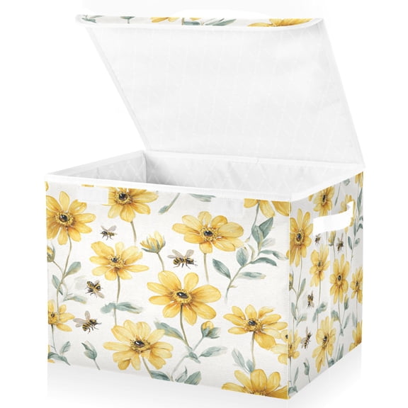 Large Lidded Bin Foldable Storage Baskets Boxes Cubes Lids with 2 Handles for Home Bedroom Office Yellow Daisies and Bees 16.5"x12.6"x11.8"