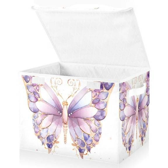Large Lidded Bin Foldable Storage Baskets Butterfly with Purple Boxes Cubes Lids with 2 Handles for Home Bedroom Office 16.5"x12.6"x11.8"