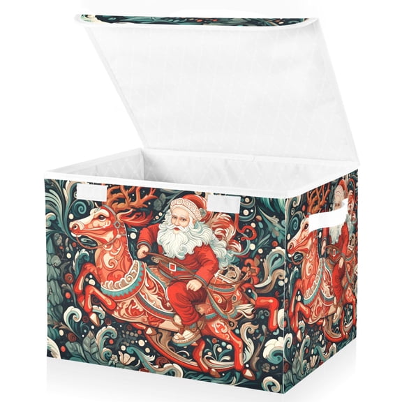 Large Lidded Bin Foldable Storage Baskets Christmas Santa with Deer Boxes Cubes Lids with 2 Handles for Home Bedroom Office 16.5"x12.6"x11.8"