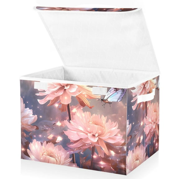 Large Lidded Bin Foldable Storage Baskets Flowers and Butterflies Boxes Cubes Lids with 2 Handles for Home Bedroom Office 16.5"x12.6"x11.8"