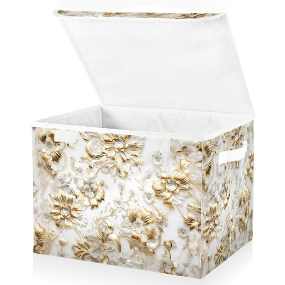 Large Lidded Bin Foldable Storage Baskets Golden Flowers Boxes Cubes Lids with 2 Handles for Home Bedroom Office 16.5"x12.6"x11.8"
