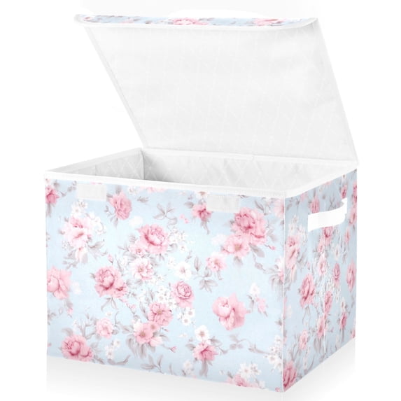 Large Lidded Bin Foldable Storage Baskets Pink Flowers Floral Boxes Cubes Lids with 2 Handles for Home Bedroom Office 16.5"x12.6"x11.8"