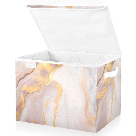 Large Lidded Bin Foldable Storage Baskets Pink and Golden Marble Boxes Cubes Lids with 2 Handles for Home Bedroom Office 16.5"x12.6"x11.8"